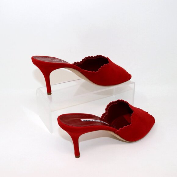 Manolo Blahnik 37.5 Scallop Lace Edge Red Suede Sandal Mule Heel - Picture 4 of 10